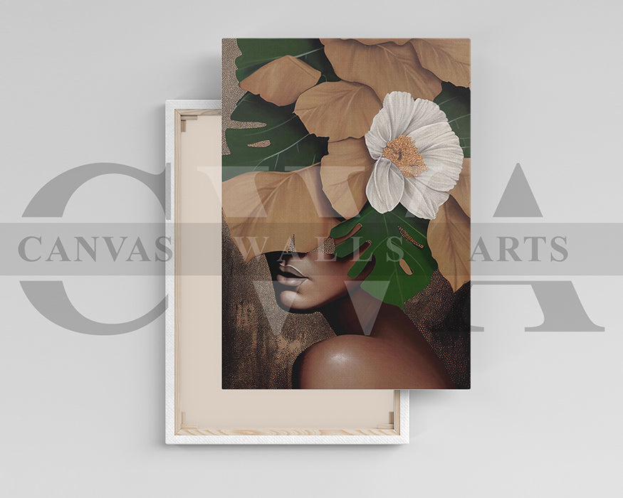 Woman Face Flowers and Leaves Canvas Wall Art