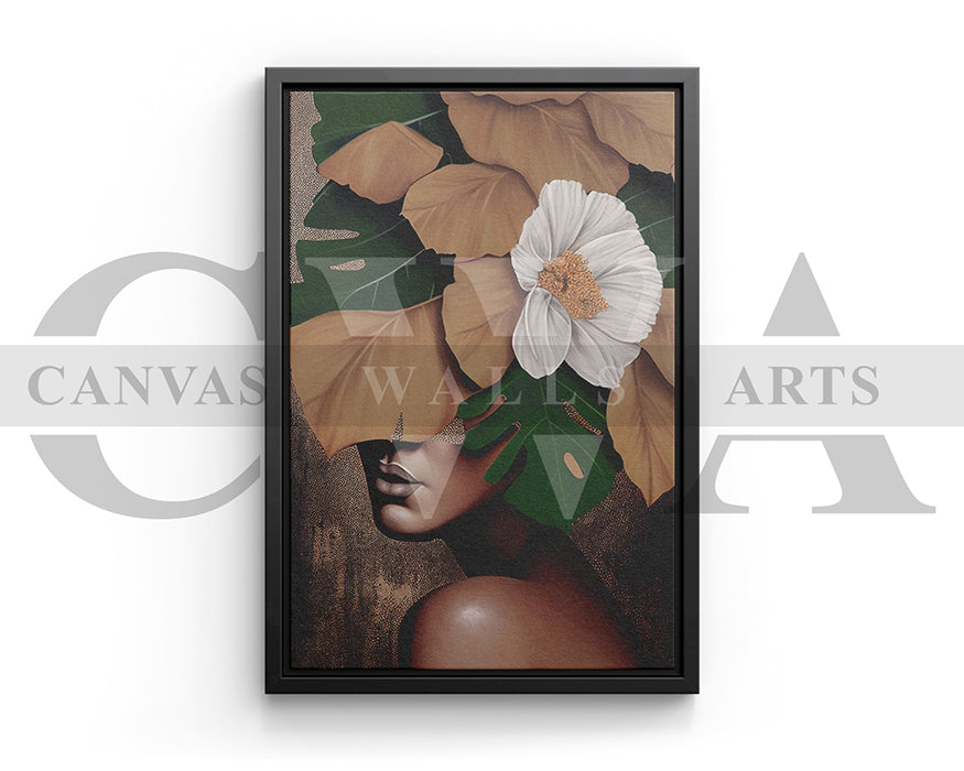 Woman Face Flowers and Leaves Canvas Wall Art