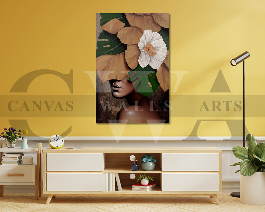Woman Face Flowers and Leaves Canvas Wall Art