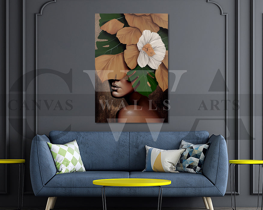 Woman Face Flowers and Leaves Canvas Wall Art