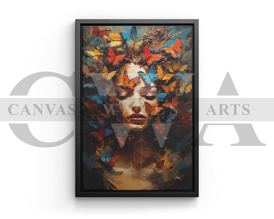 Woman Face With Butterfly Canvas Wall Art