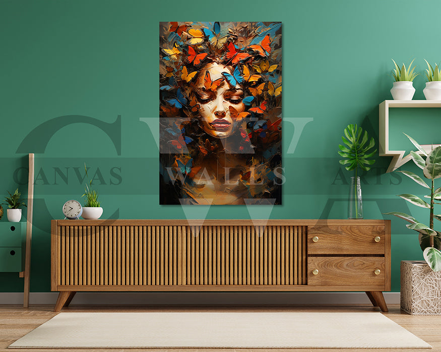Woman Face With Butterfly Canvas Wall Art