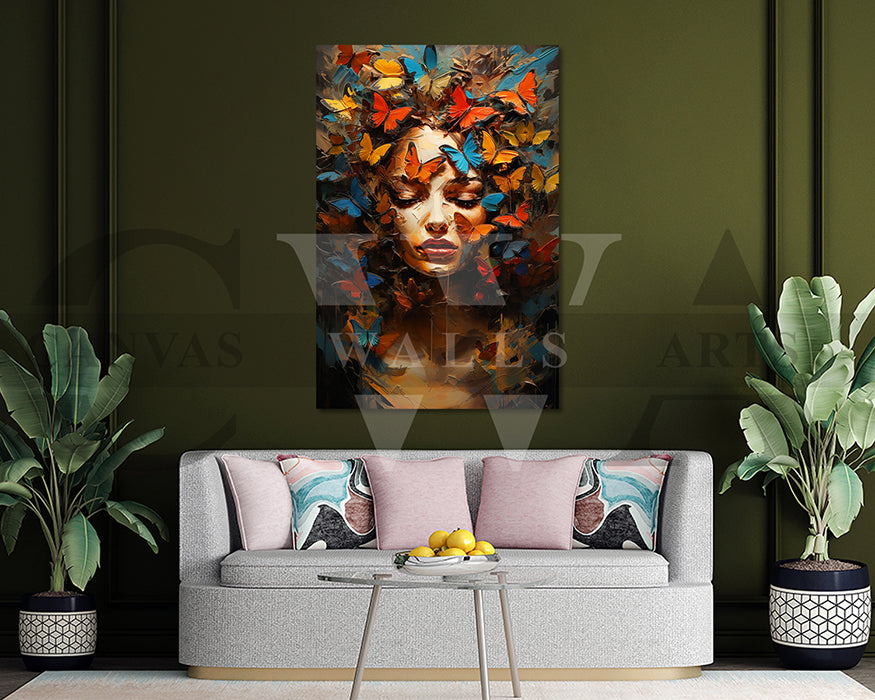 Woman Face With Butterfly Canvas Wall Art