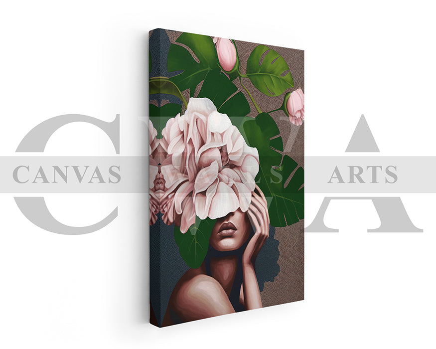 Woman Face With Flowers and Leaves Canvas Wall Art