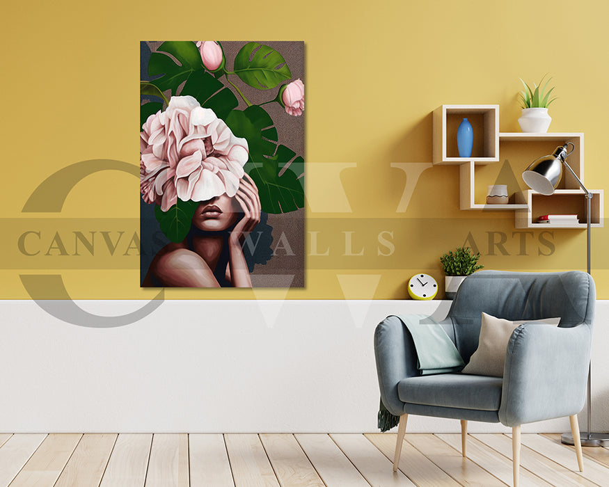 Woman Face With Flowers and Leaves Canvas Wall Art