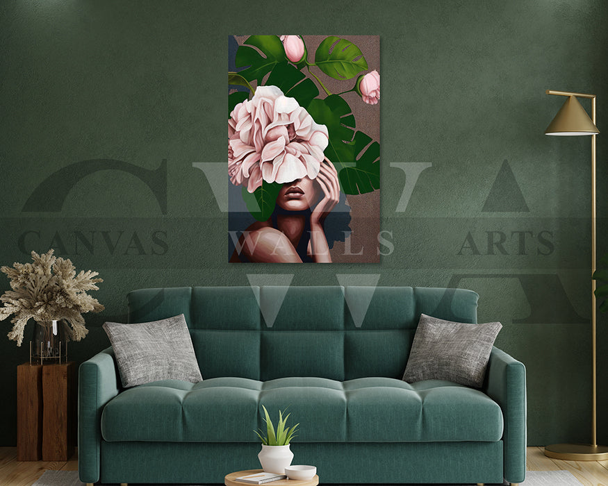 Woman Face With Flowers and Leaves Canvas Wall Art