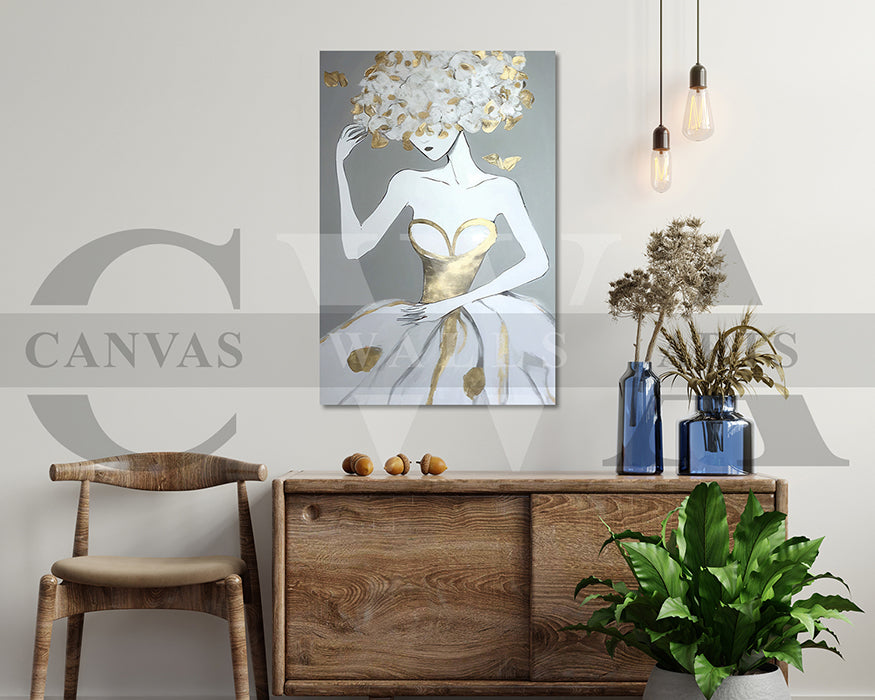 Woman In A Gold and White Dress Canvas Wall Art