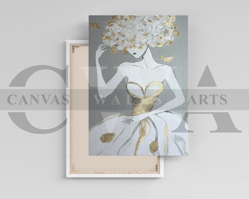 Woman In A Gold and White Dress Canvas Wall Art