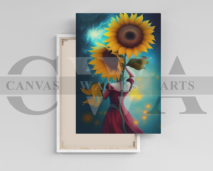 Woman Red Dress Holding Two Large Sunflowers Canvas Wall Art