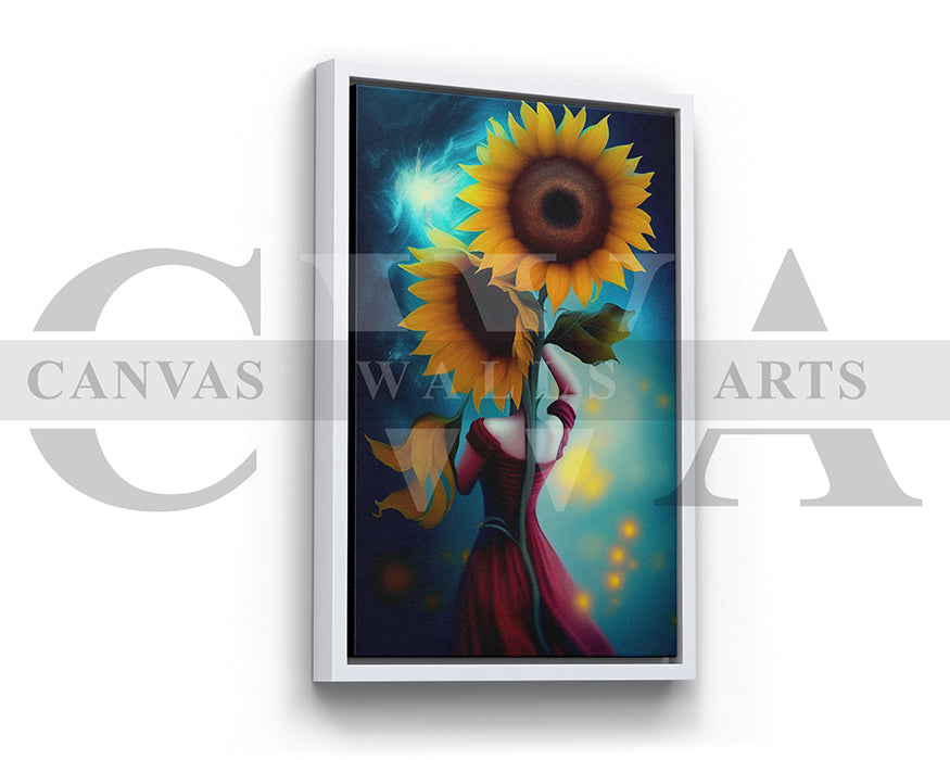 Woman Red Dress Holding Two Large Sunflowers Canvas Wall Art