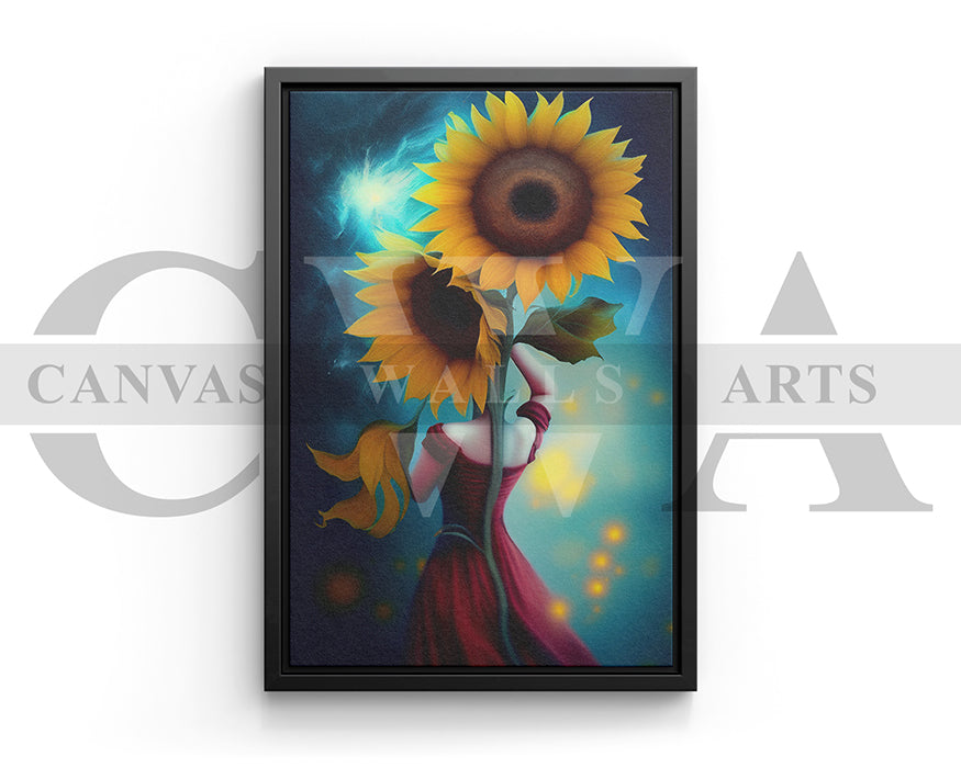 Woman Red Dress Holding Two Large Sunflowers Canvas Wall Art