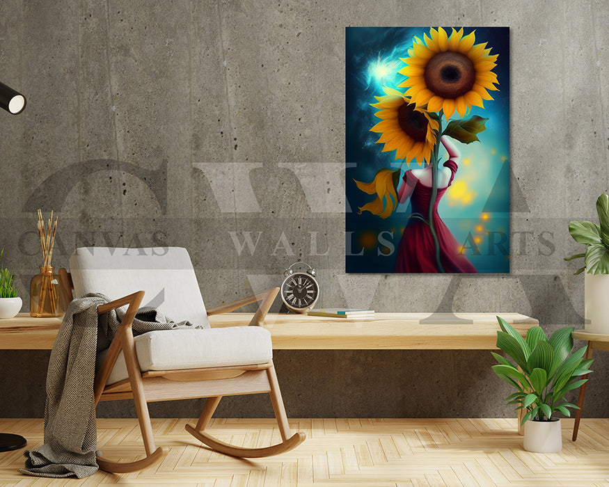 Woman Red Dress Holding Two Large Sunflowers Canvas Wall Art