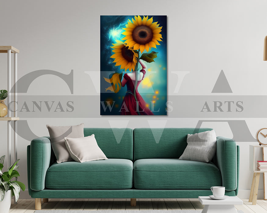 Woman Red Dress Holding Two Large Sunflowers Canvas Wall Art
