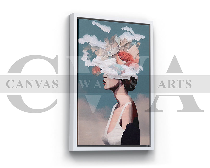 Woman With A Decorative Hat Against A Blue Sky Clouds Canvas Wall Art