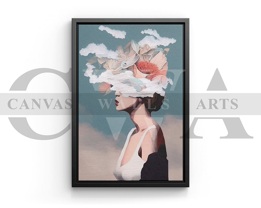Woman With A Decorative Hat Against A Blue Sky Clouds Canvas Wall Art