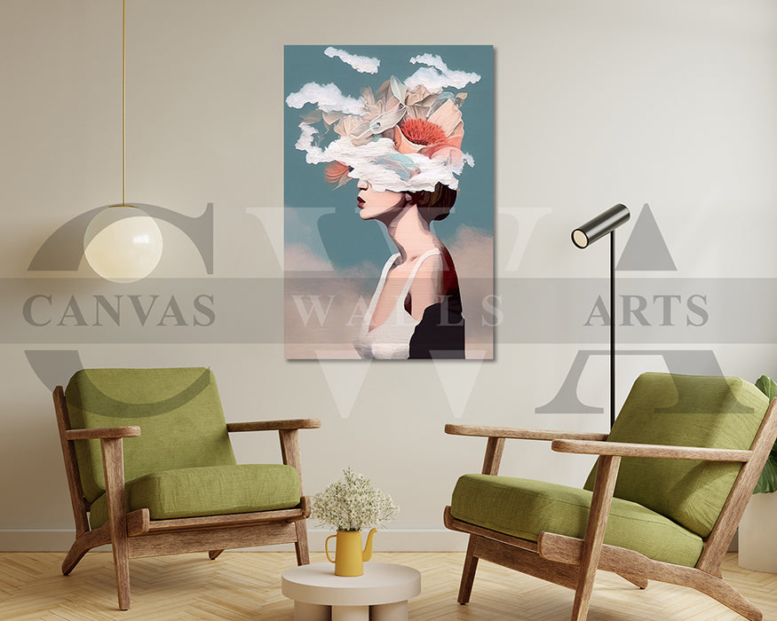 Woman With A Decorative Hat Against A Blue Sky Clouds Canvas Wall Art