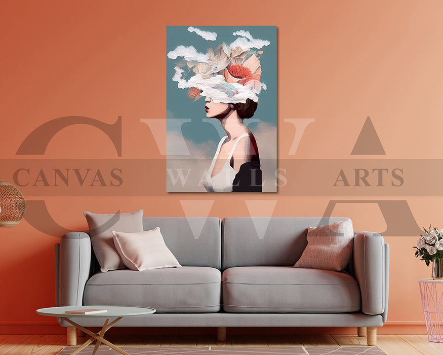 Woman With A Decorative Hat Against A Blue Sky Clouds Canvas Wall Art