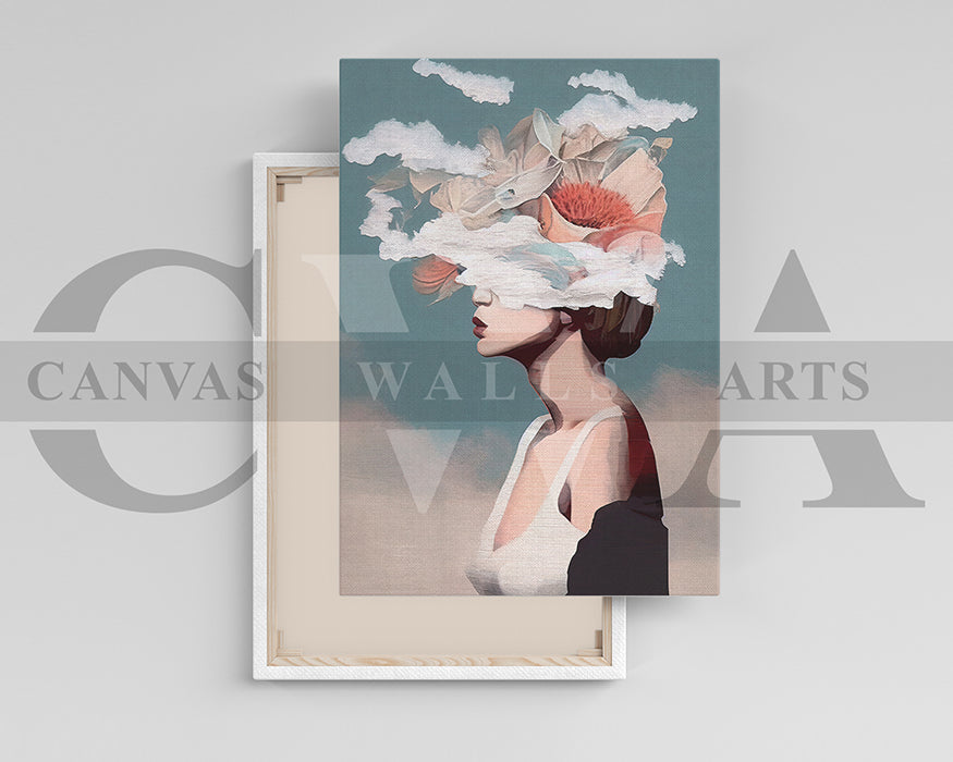 Woman With A Decorative Hat Against A Blue Sky Clouds Canvas Wall Art
