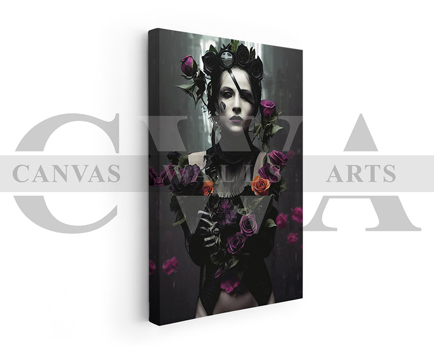 Woman With Flowers and Dark Makeup Canvas Wall Art