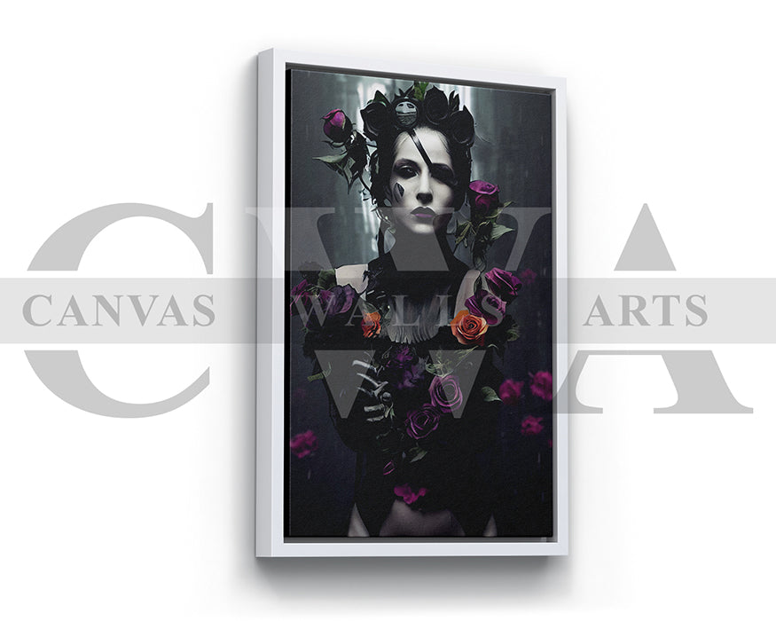 Woman With Flowers and Dark Makeup Canvas Wall Art