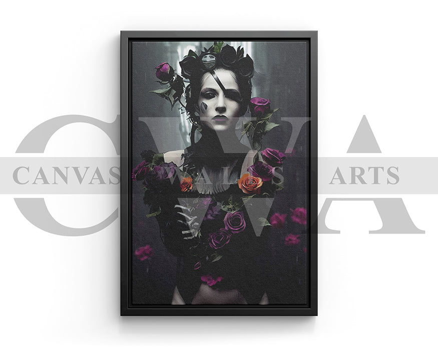 Woman With Flowers and Dark Makeup Canvas Wall Art