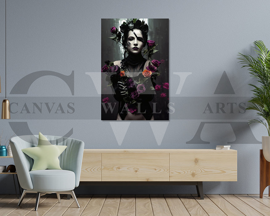 Woman With Flowers and Dark Makeup Canvas Wall Art