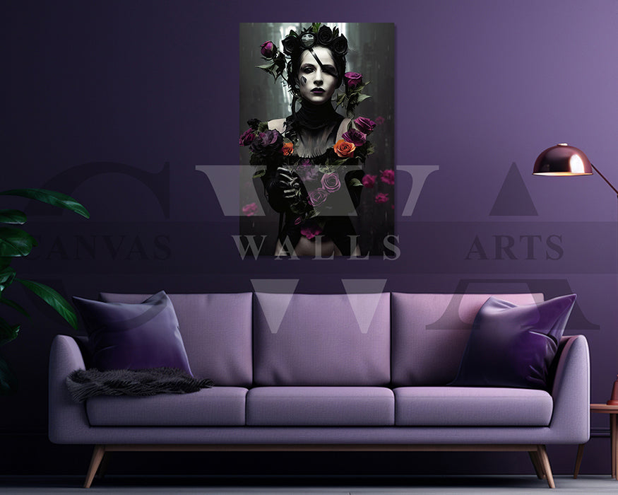Woman With Flowers and Dark Makeup Canvas Wall Art