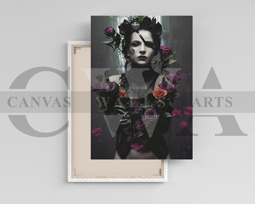 Woman With Flowers and Dark Makeup Canvas Wall Art