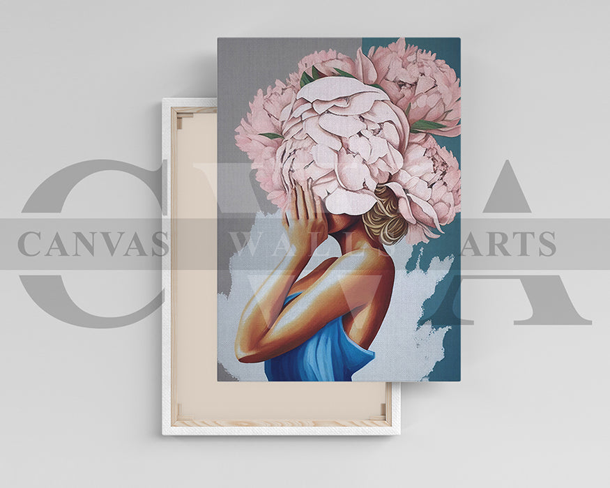 Woman With Pink Flowers Covering Her Face Canvas Wall Art