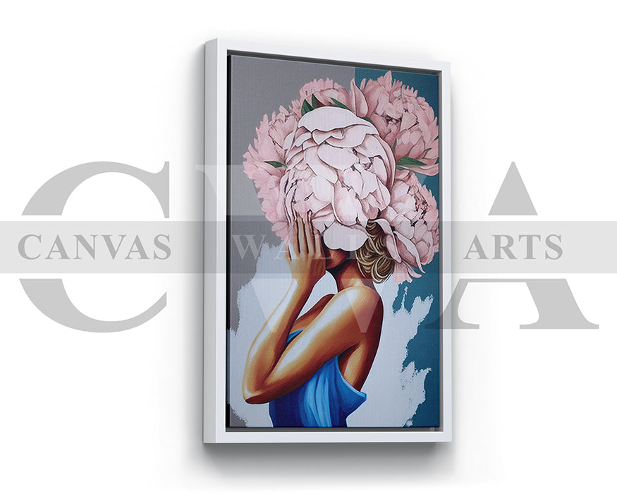 Woman With Pink Flowers Covering Her Face Canvas Wall Art