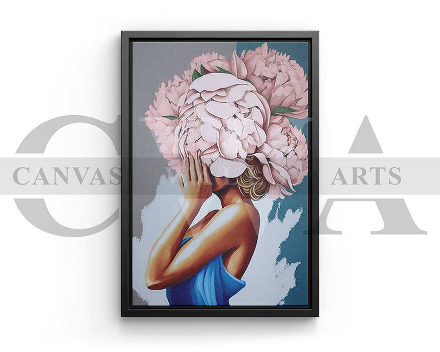 Woman With Pink Flowers Covering Her Face Canvas Wall Art