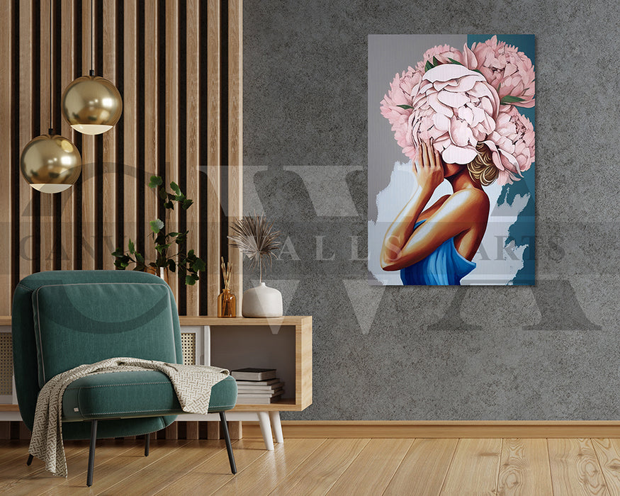 Woman With Pink Flowers Covering Her Face Canvas Wall Art