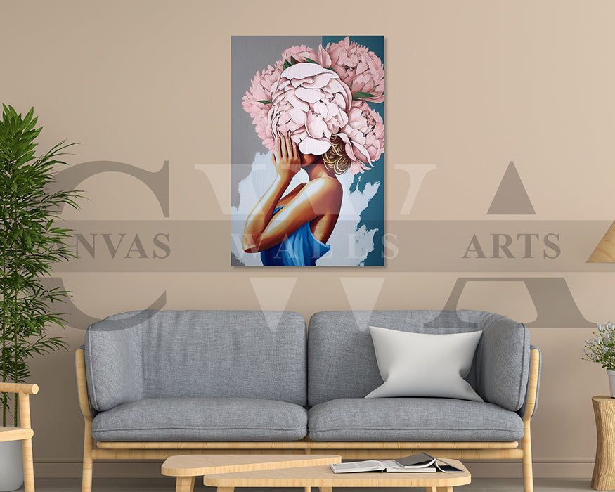 Woman With Pink Flowers Covering Her Face Canvas Wall Art