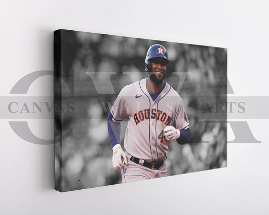 A black and white canvas art print of Yordan Alvarez in a Houston Astros baseball uniform, featuring him in mid-stride with a strong expression.