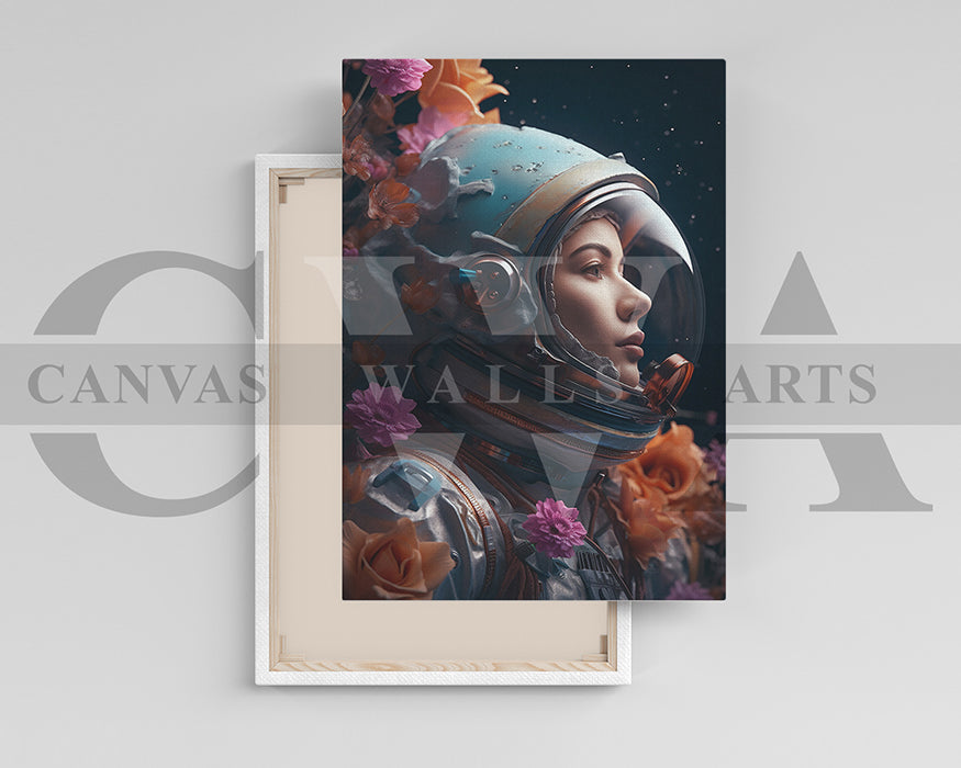 Astronaut Woman With Flowers Canvas Wall Art