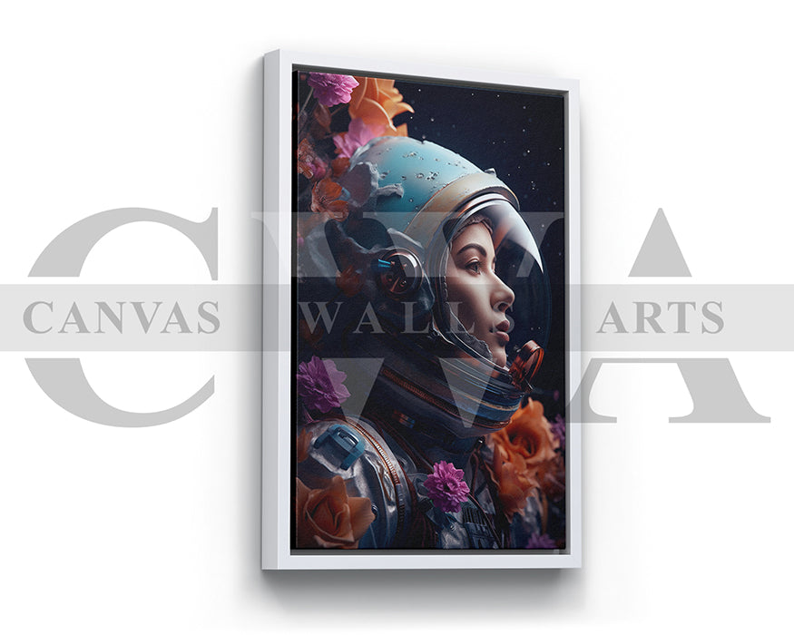 Astronaut Woman With Flowers Canvas Wall Art