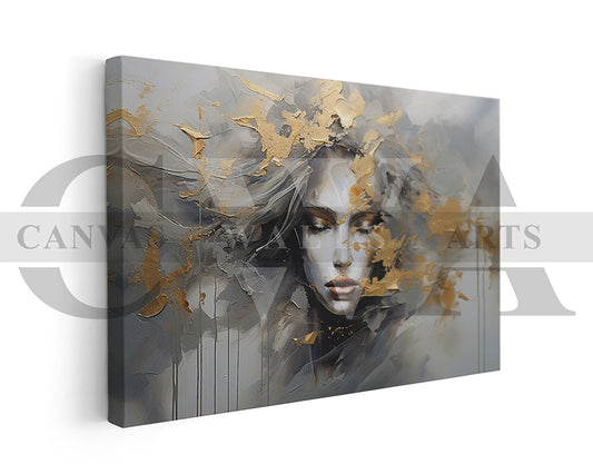 Abstract Art Print With A Woman Face And Gold Accents Canvas Wall Art