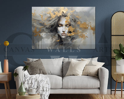 Abstract Art Print With A Woman Face And Gold Accents Canvas Wall Art