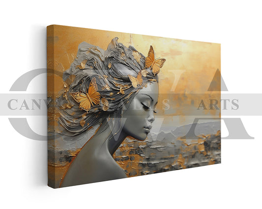 Abstract Flower Head Butterfly Woman Canvas Wall Art