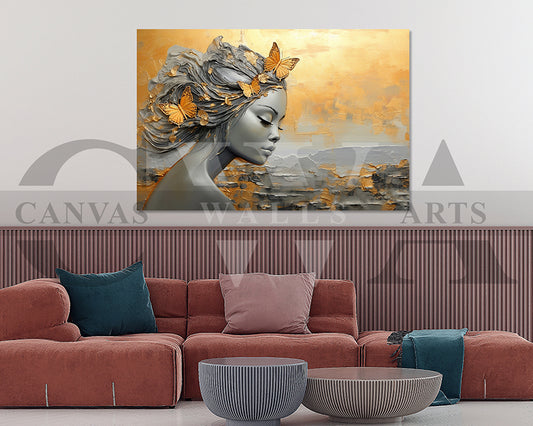 Abstract Flower Head Butterfly Woman Canvas Wall Art