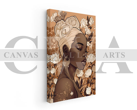 Beautiful African American Woman Flowers Canvas Wall Art