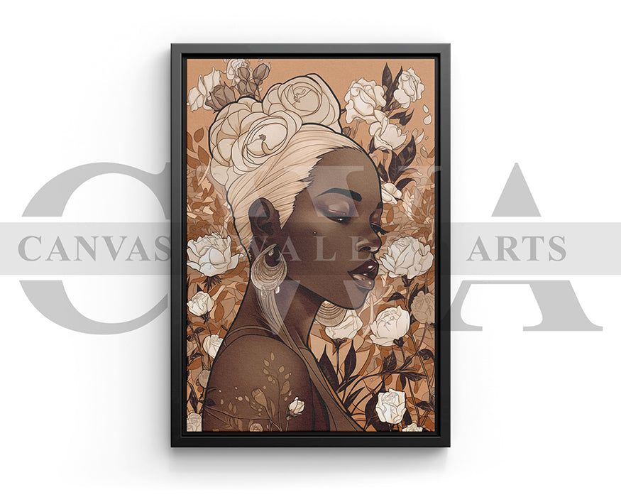 Beautiful African American Woman Flowers Canvas Wall Art