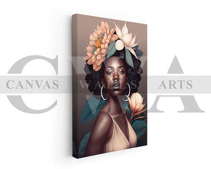 Beautiful African Woman Head Flowers  Canvas Wall Art