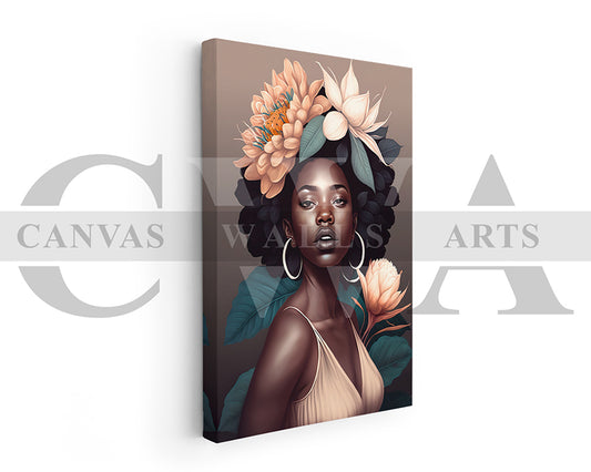 Beautiful African Woman Head Flowers  Canvas Wall Art
