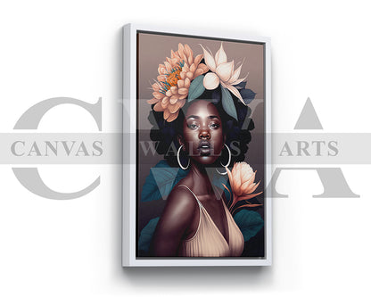 Beautiful African Woman Head Flowers  Canvas Wall Art