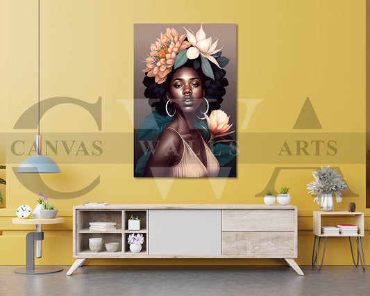 Beautiful African Woman Head Flowers  Canvas Wall Art