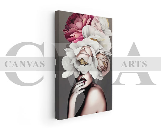 Canvas art print of a woman with flowers on a gray background, featuring the brand 'Canvas Arts'.