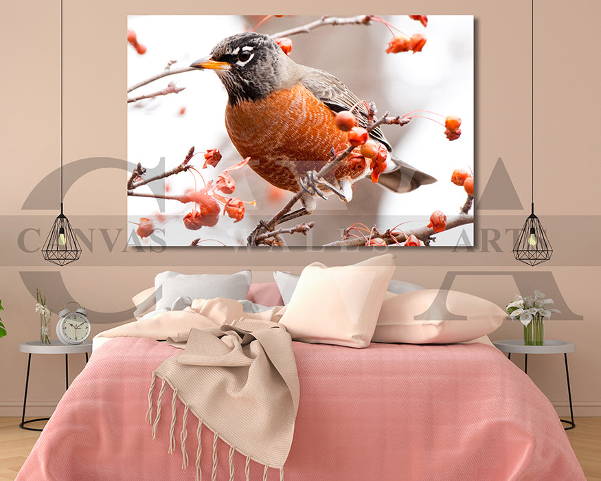 Bird On Berry Branch Canvas Wall Art Bird Poster Print