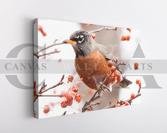 Bird On Berry Branch Canvas Wall Art Bird Poster Print