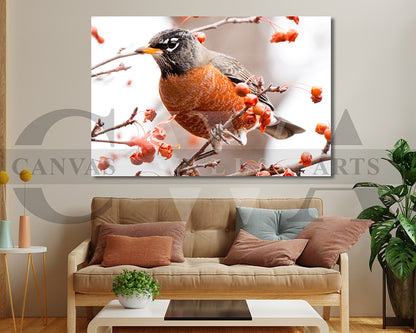 Bird On Berry Branch Canvas Wall Art Bird Poster Print